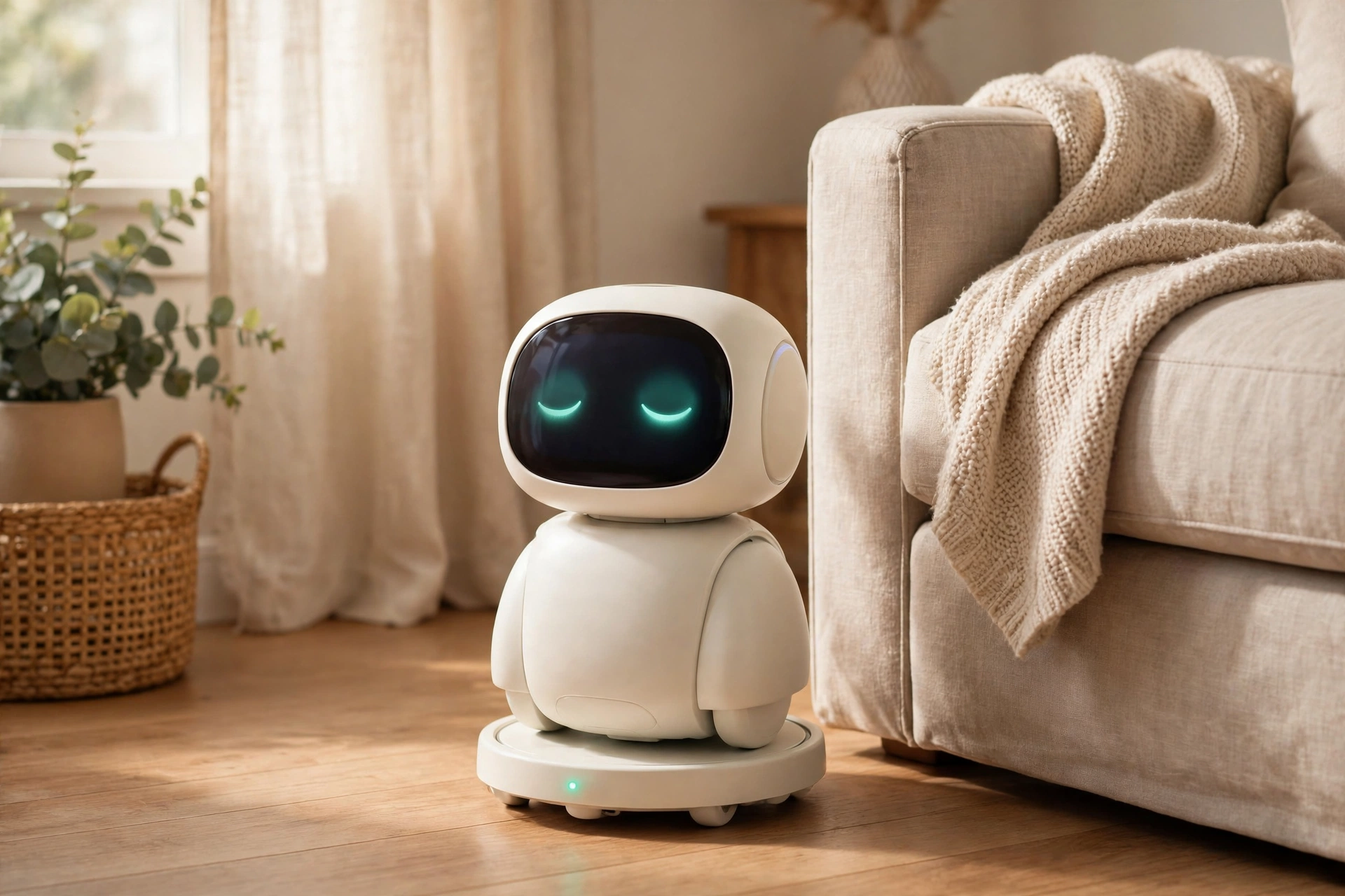 Joyelo resting on its round charging dock beside the sofa, eyes closed, with a soft teal status light