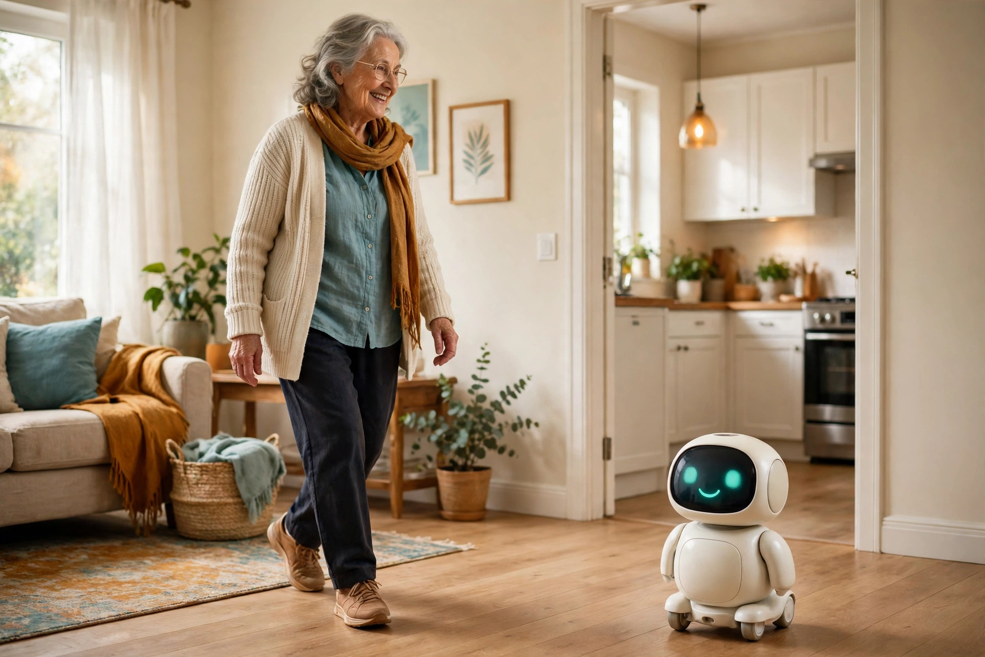 A senior woman walking through her living room toward the kitchen, with the small Joyelo robot following her