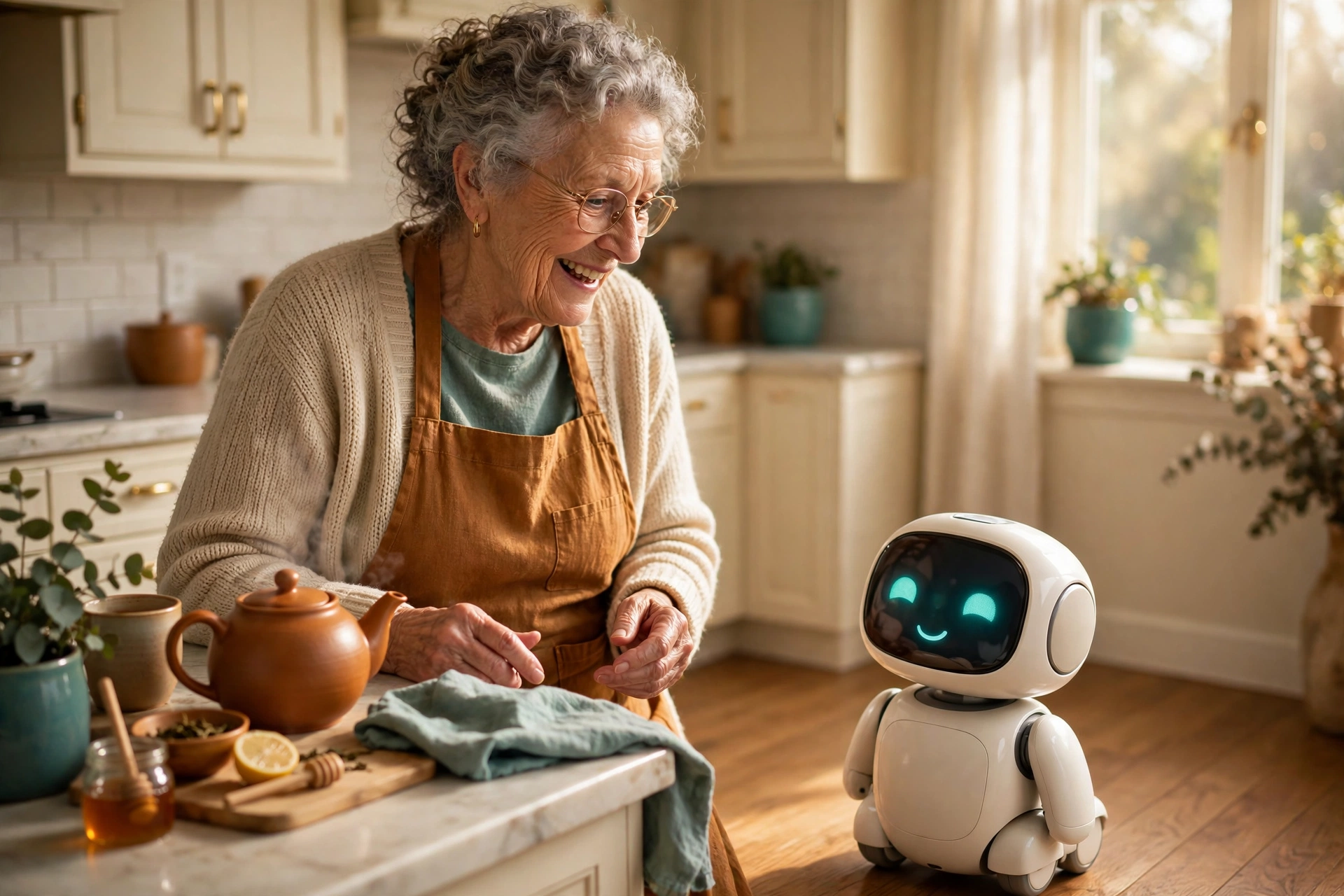Joyelo beside a senior woman as she makes tea in her kitchen